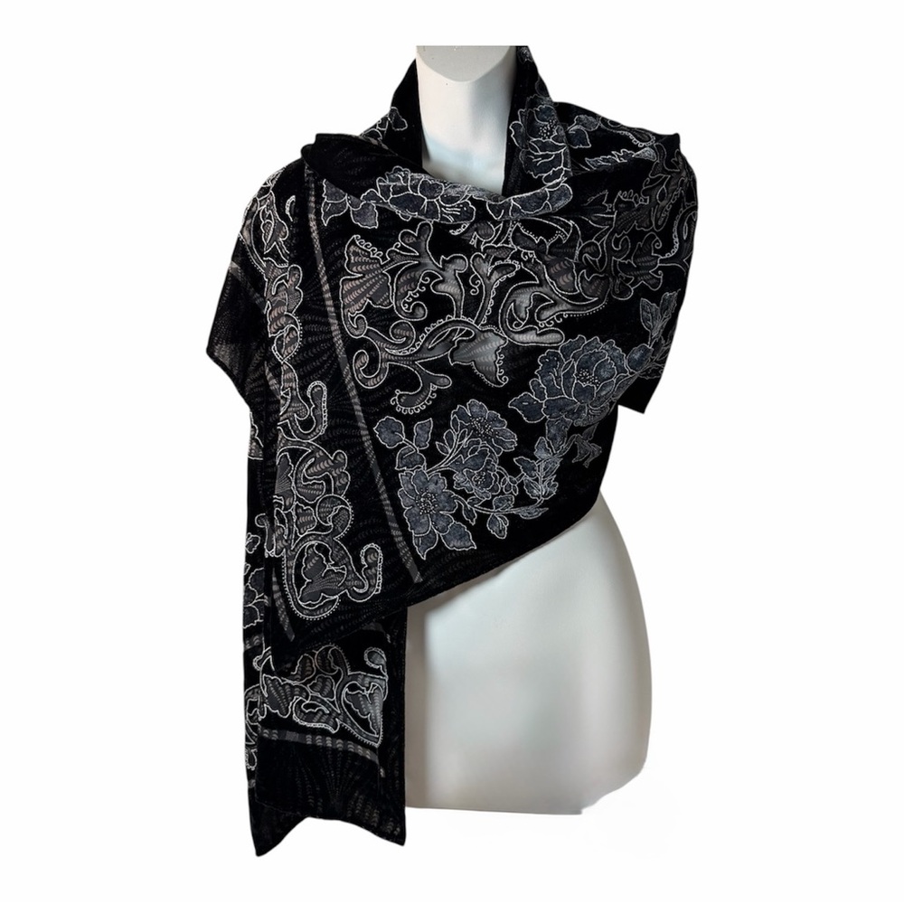 Black Velvet Scarf Burnout Floral Shawl Wrap Whimsigoth Goth Romantic Witchy